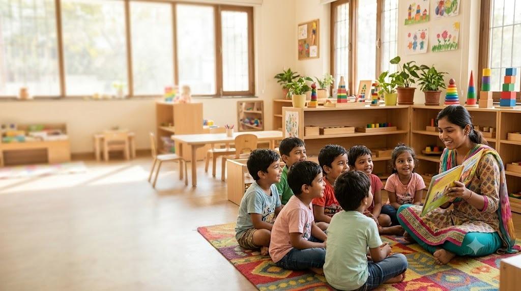 Certified teacher reading stories to preschool children on carpet during interactive play-based learning