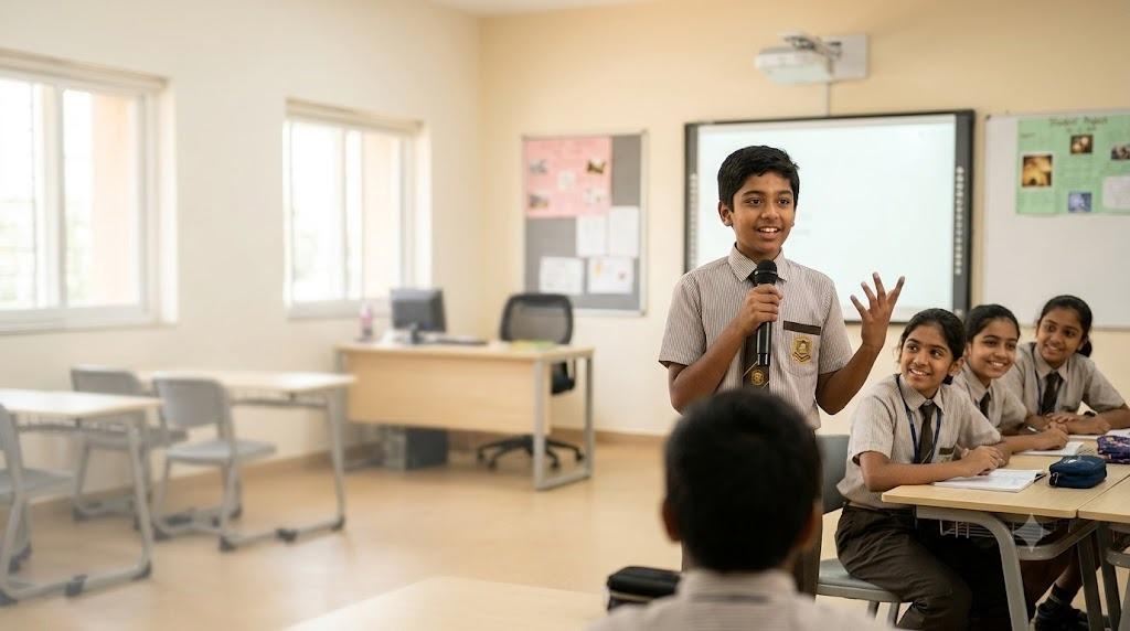 Indian student demonstrating confident speech and public presentation skills in classroom