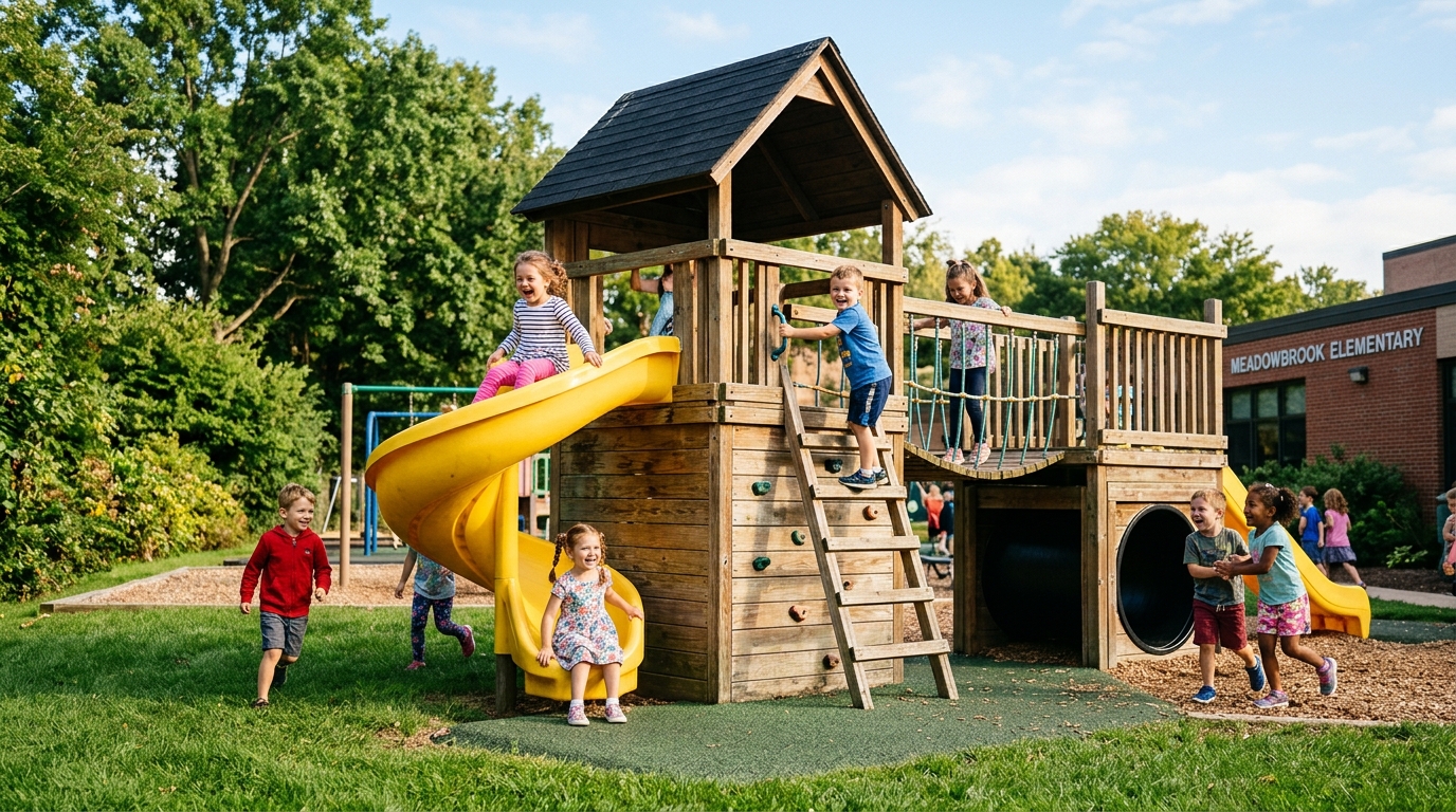 Children having fun on the outdoor playground wooden playhouse and slides