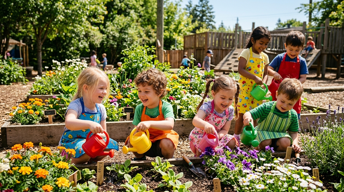 Young children watering vibrant flowers in the kindergarten school sensory garden
