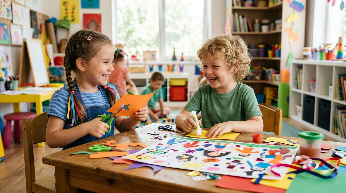 Two young kindergarten children making colorful paper collage crafts together at table