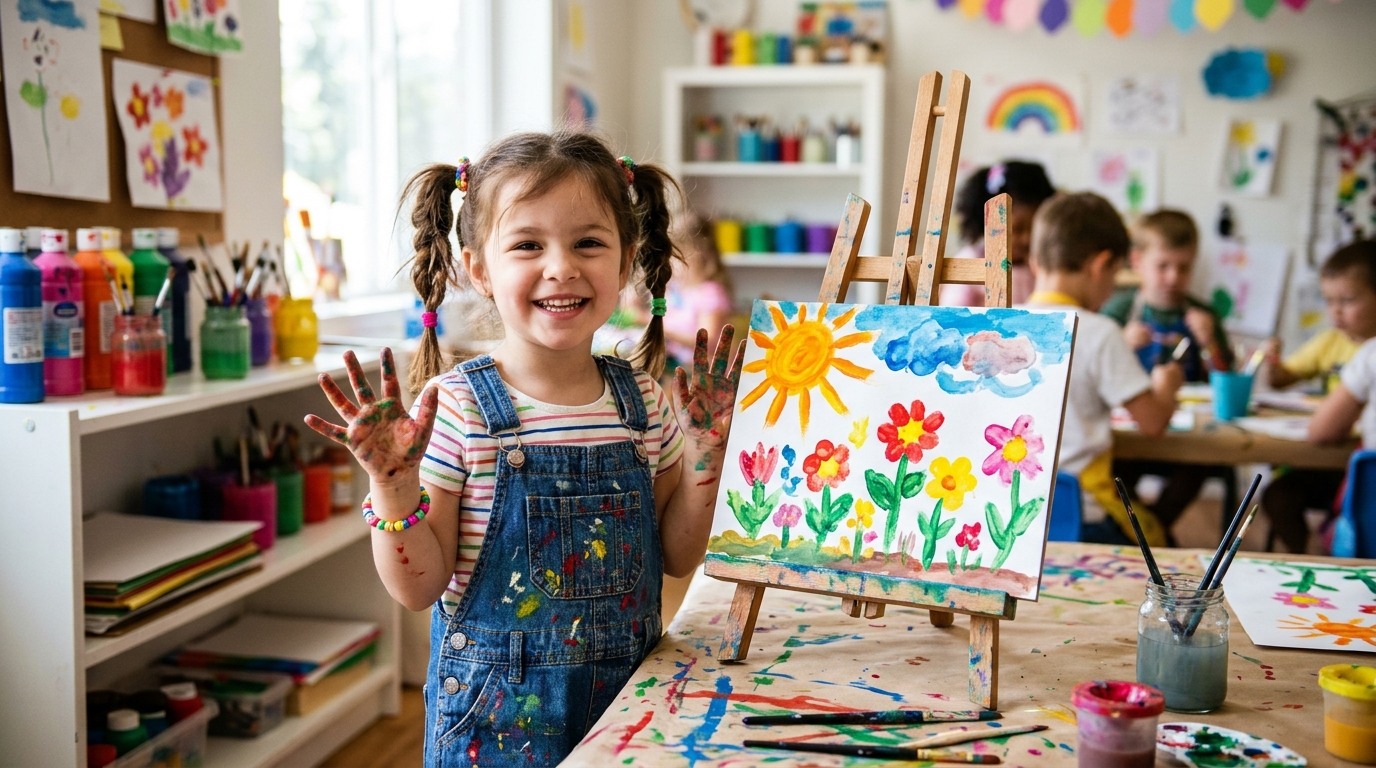Preschool girl smiling brightly next to her colorful easel painting in art class