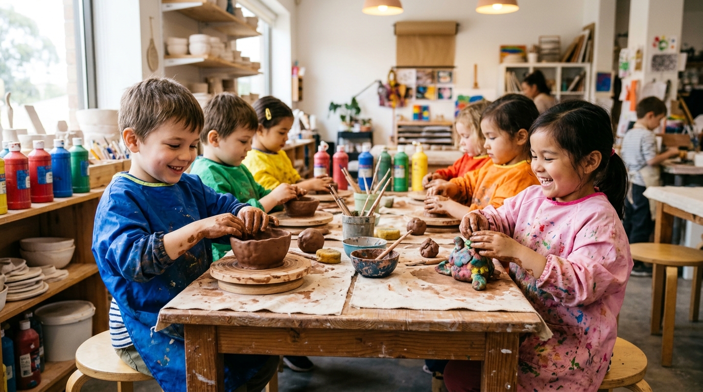 Children joyfully sculpting clay pots and figures with colorful paints in art workshop